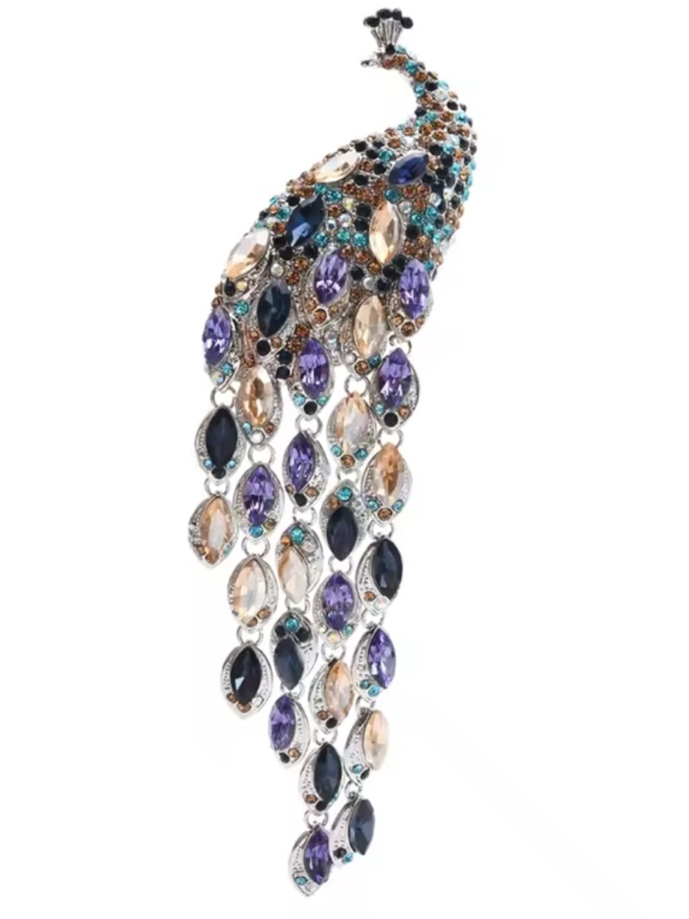 Luxe Peacock Feather Blue Purple Gem Diamond Brooch - Picture 4 of 10